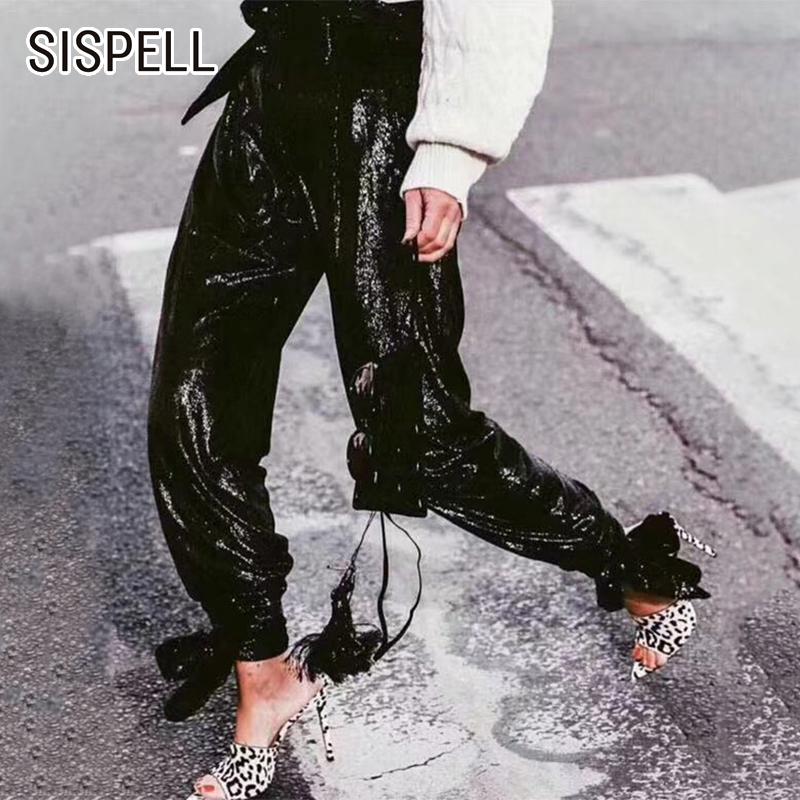 

SISPELL Patchwork Sequins For Women Hip Hop Pants High Waist Lace Up Women' Loose Trousers 2021 Streetwear Fashion New, Black