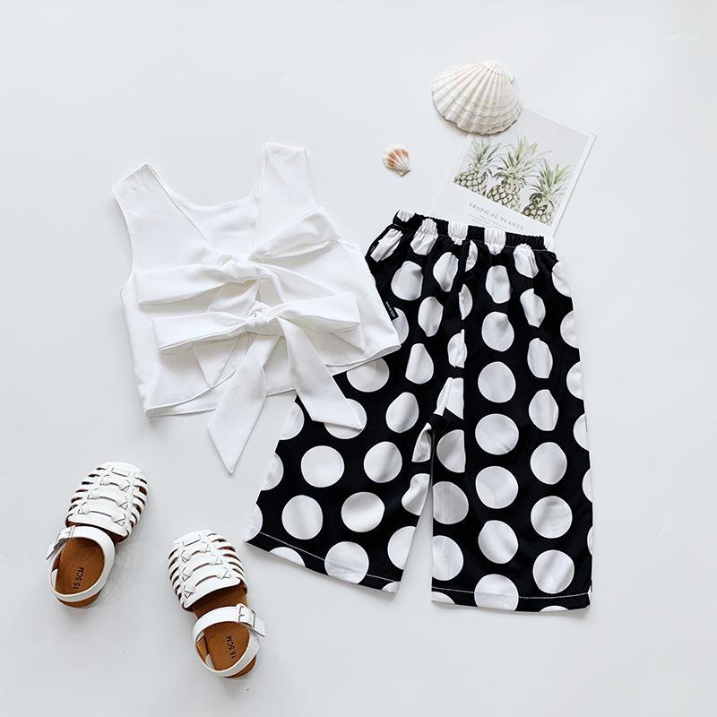 

0-6 Years Kids Baby Girls Clothes Sets 2pcs Backless Bowknot Sleeveless Tops Vest+Polka Dot Wide Leg Pants 2020 New Summer Suits1, White