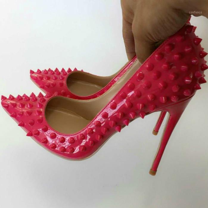 

Keshangjia High Heels Women Pumps 2020 Spring Pointed Toe Sexy 12CM 10cm 8cm Punk Rivets Studs Stiletto Wedding Shoes1, Red