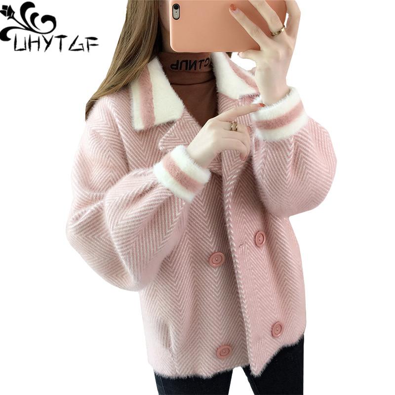 

UHYTGF Imitation Mink Fleece Autumn Sweater Coat Women Striped Double Breasted Student Short Tops Plus Size Cardigan Jacket 1325, Black