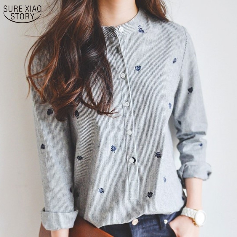 

New spring summer fashion shirts embroidery striped stand Collar women blouse plus size women Blouses feminina 100F 37 201201, As picture