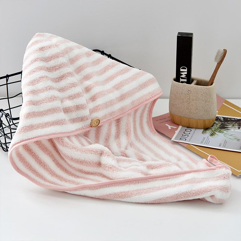 

25*65cm 1 Pc Quick Dry Towels Coral Fleece Dry Hair Hat Shower Cap Quick Absorbent Lady Turban Bath Towel Stripe Solid Color