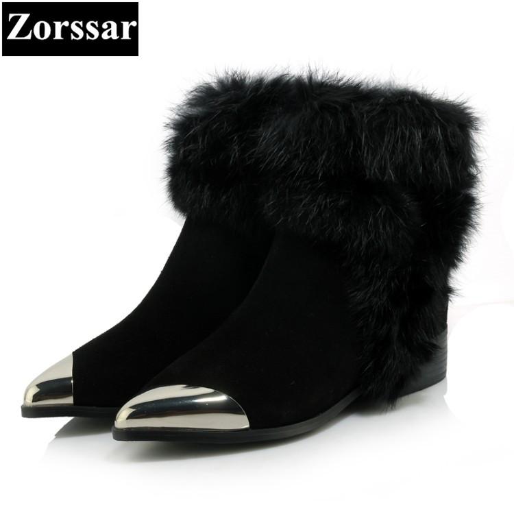 

Zorssar} 2020 NEW Classic winter Plush Women Boots Suede Ankle Snow Boots Female Warm Fur women shoes pointed Toe flat, Black