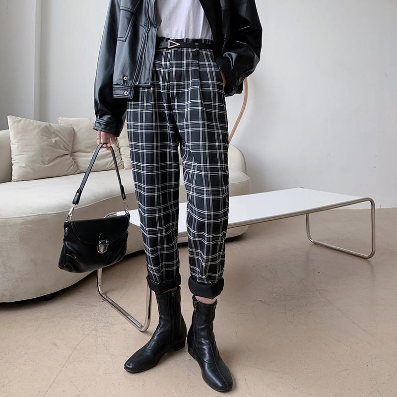 

ZHISILAO Plaid Pants Women Vintage Lattice High Waist Harem Trousers Mujer Plus Size Elegant Office Autumn 2020 Elegant Trousers, Black