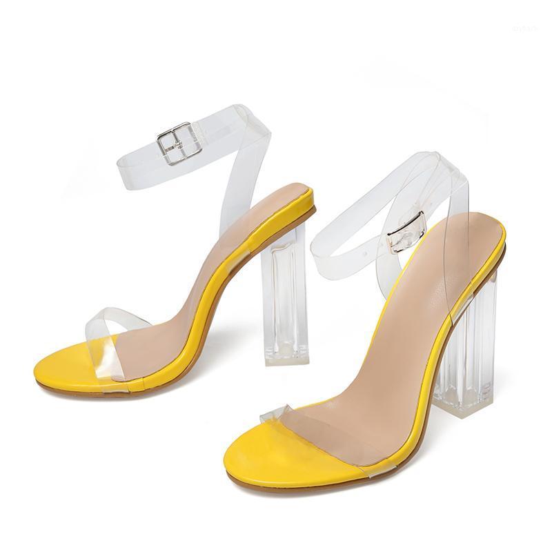 

yellow Celebrity Wearing PVC Strappy Buckle Sandals High Heel ladies peep toe ankle strap Transparent sandal party wedding shoes1, Pvc sandal