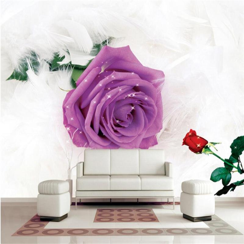 

3D Red Rose Purple Flowers Wallpapers for Walls 3D Wall Murals Photo Wallpapers for Living Room Home Decoration Feather Painting, As shown