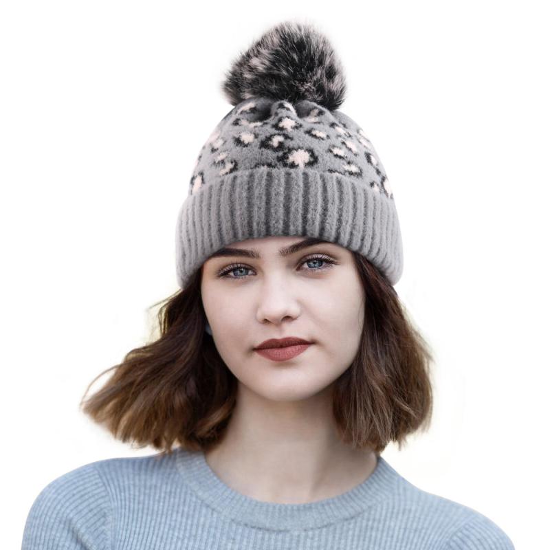 

New Fashion Women Ladies Winter Warm Knit Hat Classic Leopard Print Warm Beanie Cap with Big Faux Fur Pom, White