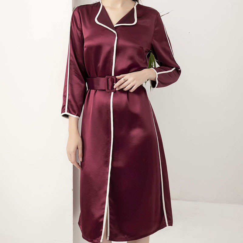 

2021 Spring New Sexy Style with Long Sleeve v Cleavage Belt Fine Adjustment Temperament Dress of Medium Length High Quality Female Jk5e, Burgundy.