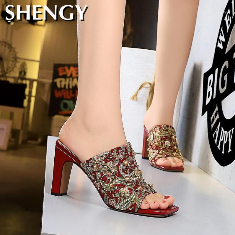 

Vintage Rhinestone High-heeled Women's Shoes Cloth Floral Rivet Sandals Thick Square Fish Mouth Female Slippers Casual Sleeve1, Red