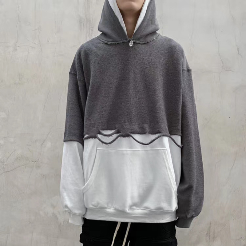 

2021 New High Street Double Hat Stitching Holes Fake Two Piece Hoodies Mens Oversize Pullover Color Block Loose Casual Sweatshirt 4lv1, Green