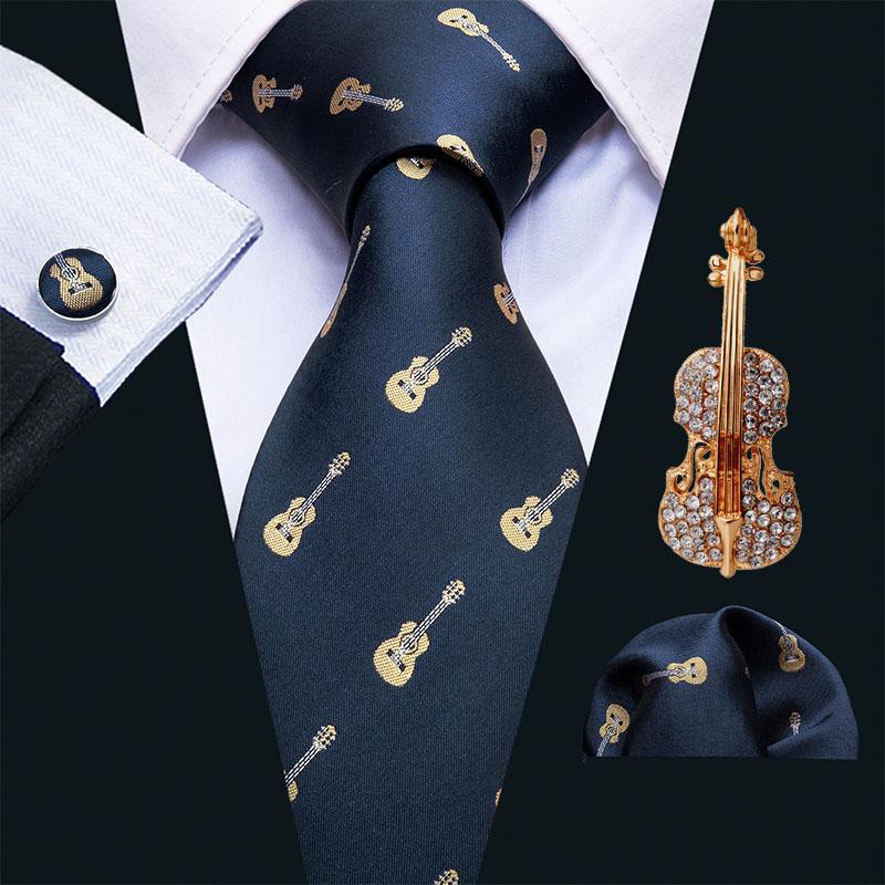 

Neck Ties Men Violin Pattern 8.5cm Silk Necktie Fashion Brooch Set Jacquard Woven Tie For Cravat Wedding