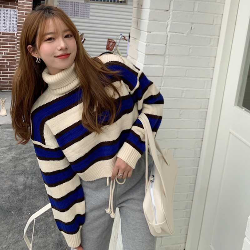 

2021 Autumn And Winter Women's Sweater Korean Version Silm Casual All-match Fashion Kintted High Neck Striped Sexy Pullover Tops, Black