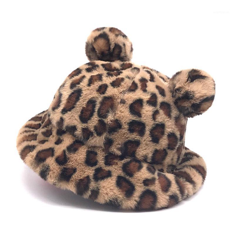 

2020 Winter Fashion Leopard Bear Ear Bucket Hat Women Thick Warm Faux Fur Fishing Caps Bob Girls Plush Soft Panama Winter Hat1