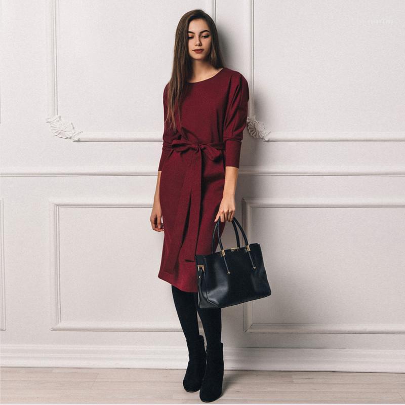

Vintage Bandage Winter Dress Women 2018 Wine High Waist Vestidos Elegant Office Ladies Dresses Autumn Winter Warm Dress Female1