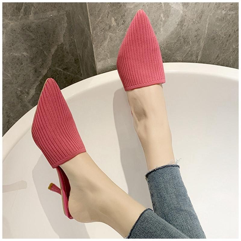 

2020 New Elegant Women Mules Sandal Slip On Pointed Toe Knitting Slides Thin Heel Closed Toe Slipper Dress Sheos1, Beige