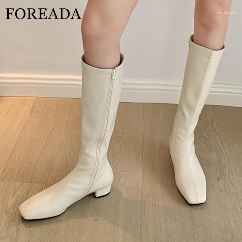 

FOREADA Med Heel Knee High Boots Women Boots Thick Heel Long Zip Square Toe Female Shoes Autumn Winter Beige Large Size 401