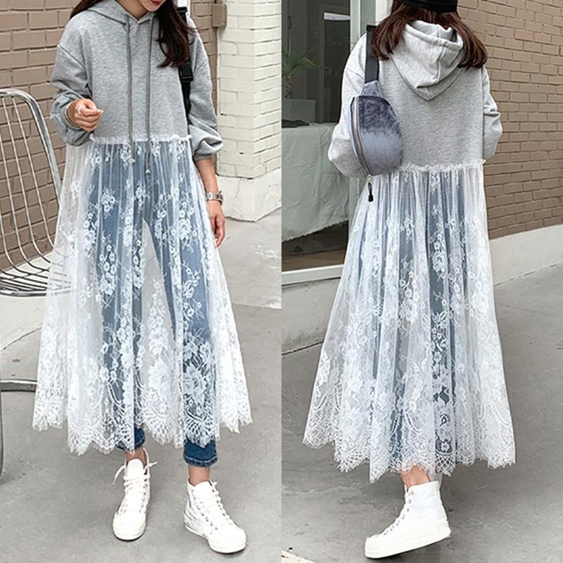 

ZANZEA 2021 Women Lace Patchwork Sweatshirts Stylish Hooded Maxi Hoodies Vestidos Casual Long Sleeve Pullovers Oversized Robe 7, Black