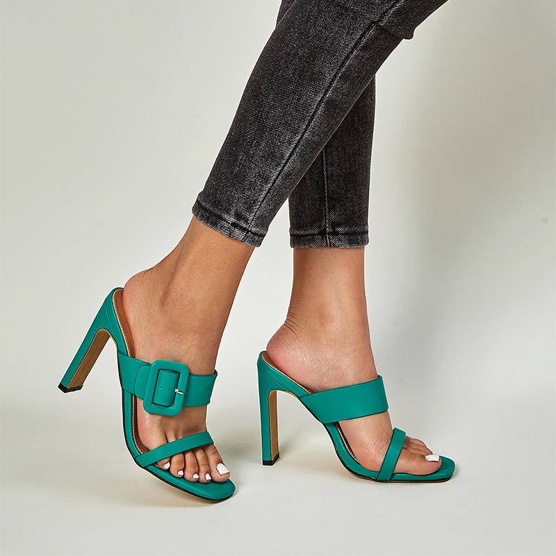 

Women's High Heels Slippers Female Fashion Pumps Square Toe Narrow Band Buckle Slides Ladies Spring Summer Shoes Plus Size, Green