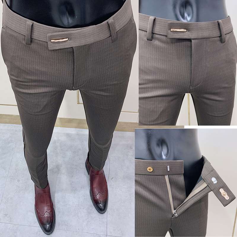 

New Fashion Striped Suit Pant 2021 Elegant Tight-ankle Pants Men Office Party Business Slim Fit Trousers 23i4, Dark blue