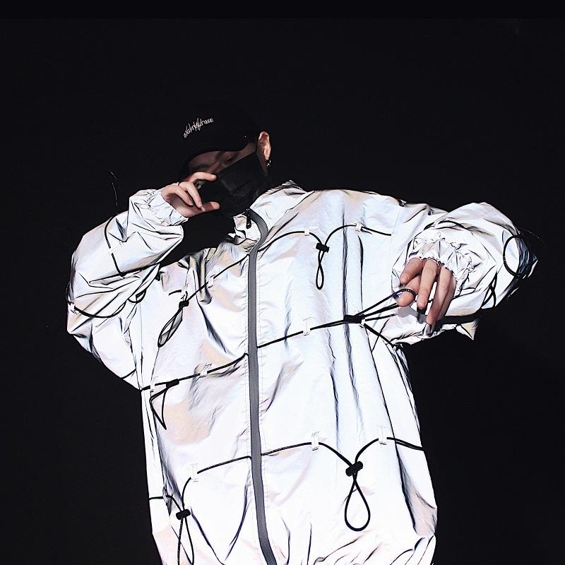 

Streetwear Hip Hop Casual Windbreaker Coat DJ Stage Show Clothing Men 3M Reflective Jacket Sets (jacket+pant) Male Women, Black;brown