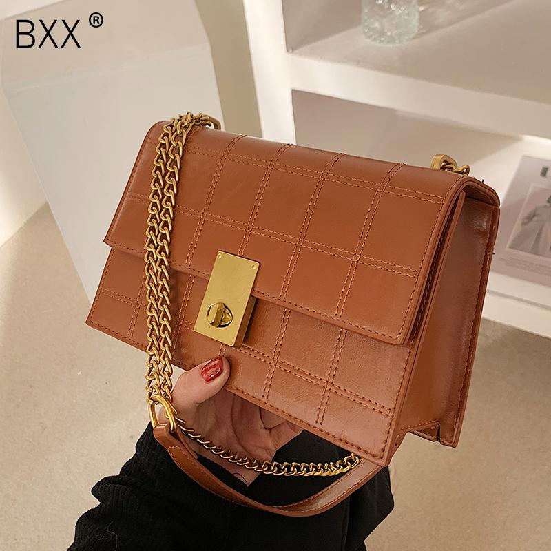 

[BXX] Vintage PU Leather Bags for Women 2021 Fashion Chain Crossbody Shoulder Hand Bag Lady Trend Handbags HQ636, Black