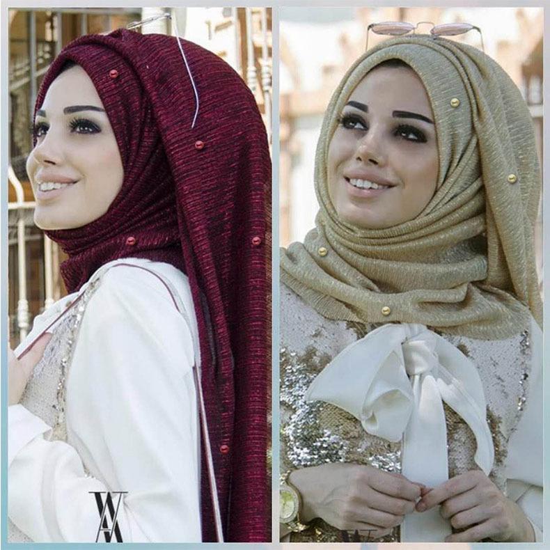 

Islamic New Glitter Shimmer Pleated Islamic Muslim Hijab Scarf Shawl Women Plain Wrinkled Crinkle Maxi Hijabs with Pearls Shawls