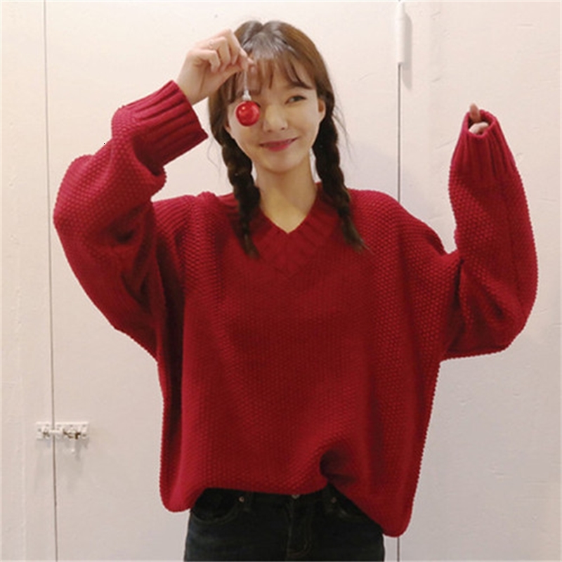 

2021 New Women Winter Knitted Warm Pullovers Female Sweet Sweater Solid v Neck Red Ladies Top Autumn L3mk, Beige