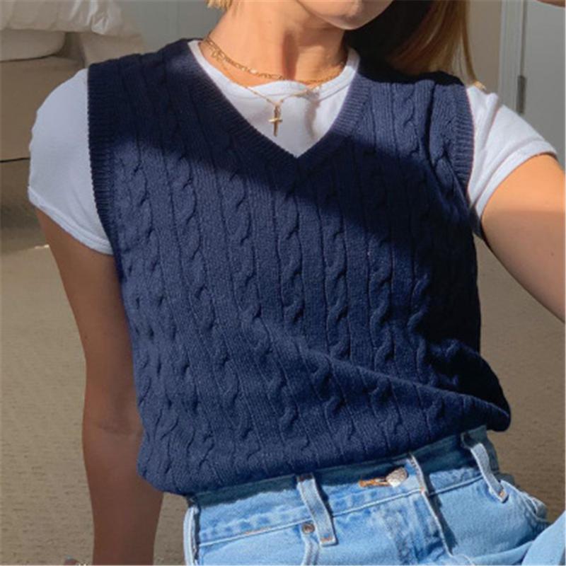 

Sweater 2020 Sleeveless Women Knitted Pullover College Style Autumn Winter Fit Warm Female Dress Loose Allukasa Woolen Soft, Blue