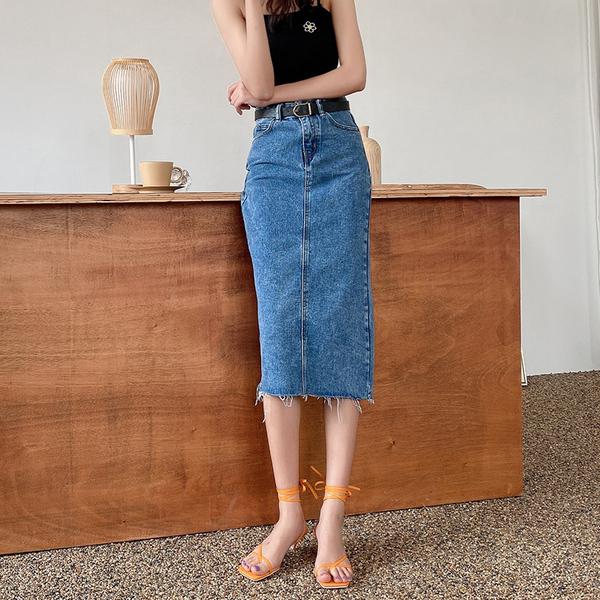 

High Waist Women Denim Skirt Long 2021 New Arrivals Blue Sky Blue Tassel Split Casual Jean Skirts For Ladiesjupe longue femme