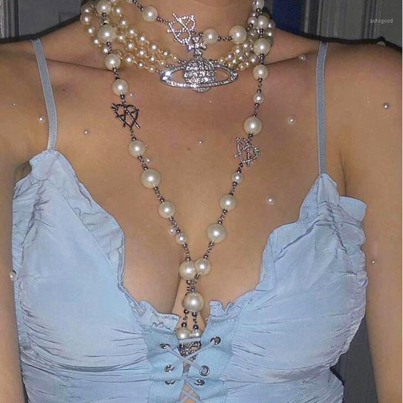 

Chains Harajuku Gilrs Long Pearl Necklaces Ins Gothic Crystal Heart Pandent Choker Street Fashion Hip Hop Chain Collares1