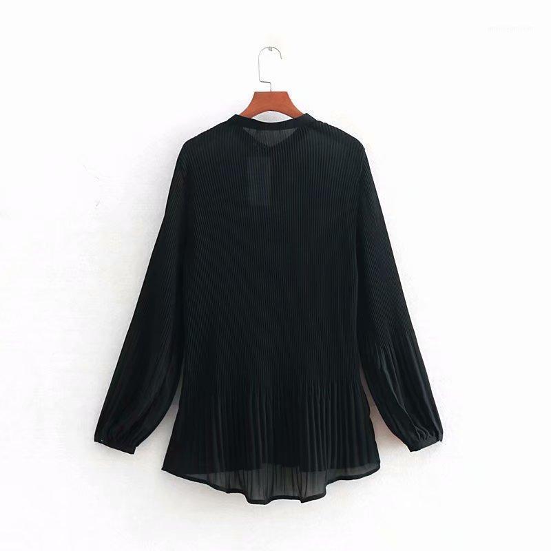 

new women fashion long sleeve chiffon pleated blouse shirts women o neck casual business chemise tops1, Black