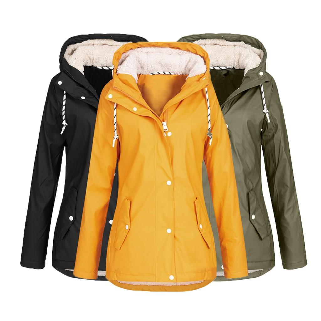 

2021 Autumn Winter Raincoat Women Coat Windproof Waterproof Plus Velvet Warm Hoodie Jacket Plus Size Lady Rain Jacket, Black;brown