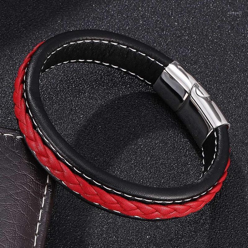 

Charm Bracelets Personality Black Red Leather Bracelet Men Jewelry Stainless Steel Magnetic Clasps Male Wrist Band Fashion Bangles Gifts S00