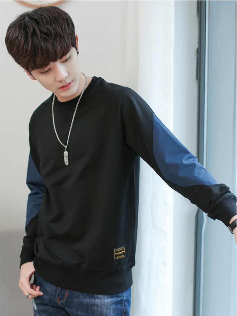 

Korean Style Fashion Patchwork Sweatshirts For Men O-Neck Men's Sweatshirt Long Sleeve Pullover Causal Plus Size Vintage Hoodies, Black