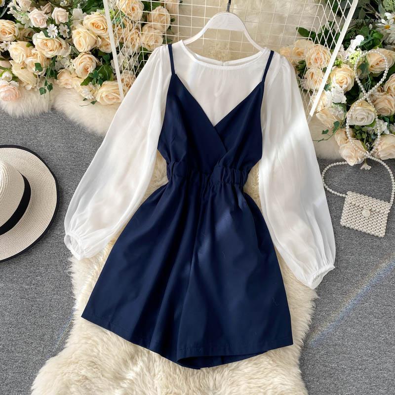

2020 Autumn Elegant Women Transparent Lantern Long Sleeves Tops+ wide leg Jumpsuit Set 2pcs Suit Party Birthday Gift1, Black set