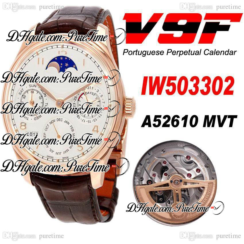 

V9F Perpetual Calendar 503302 Rose Gold White Dial Moon Phase Power Reserve A52610 Automatic Mens Watch Brown Leather New Puretime G7, Customer-defined waterproof service