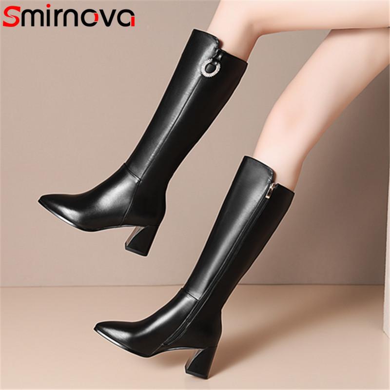 

Smirnova 2021 Winter Shoes Women Genuine Leather +Pu Knee High Boots Crystal Zip Casual Party Shoes Women High Heel Boots, Black with fur