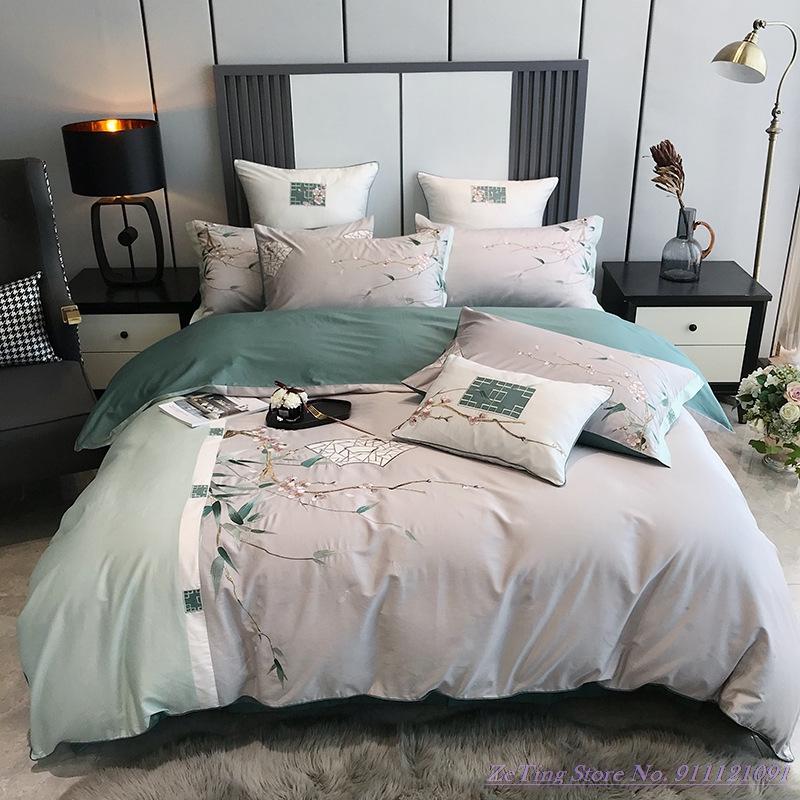 

Chinese Style Pure Cotton Bedding Set 100TC cotton classical embroidery 4pcs contrast stitching quilt cover double bed supplies, Springcolor