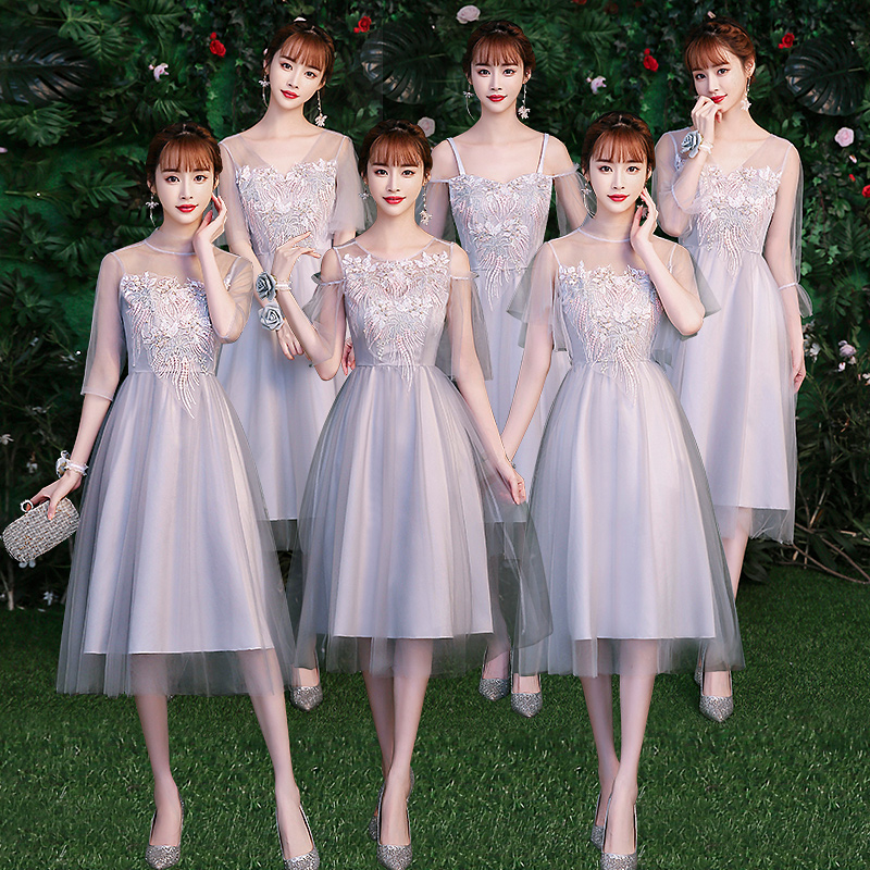 

high quality Women Summer Prom Party Elegant Embroidery flower Plus Size Gray Embroidery Illusion Tulle Bridesmaid Dresses, White;pink