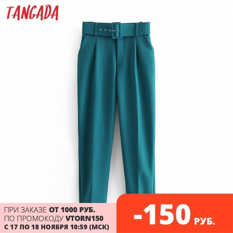 

Tangada Autumn Winter green suit woman high waist sashes pockets office ladies fashion solid pants 6A22 201119, Red