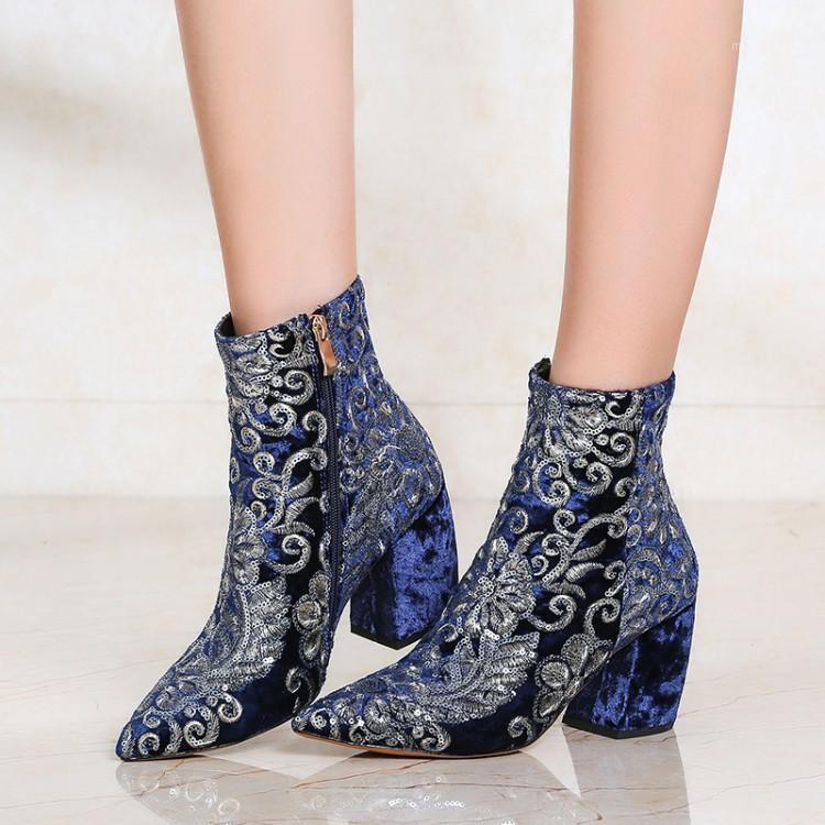 

US4-11 Womens Pointed Toe Ankle Boots Side Zip Embroidery Gold Velvet Floral Chunky Block HeelSexy Shoes Plus Size 3Colors C6991