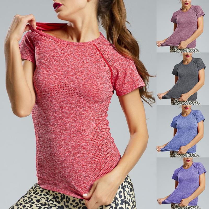 

Ladies Sports Yoga Short Sleeve Top Sexy Skinny Quick-Dry Fitness Seamless Wear Breathing T-Shirt Workout Sports Running Vest, Dark gray