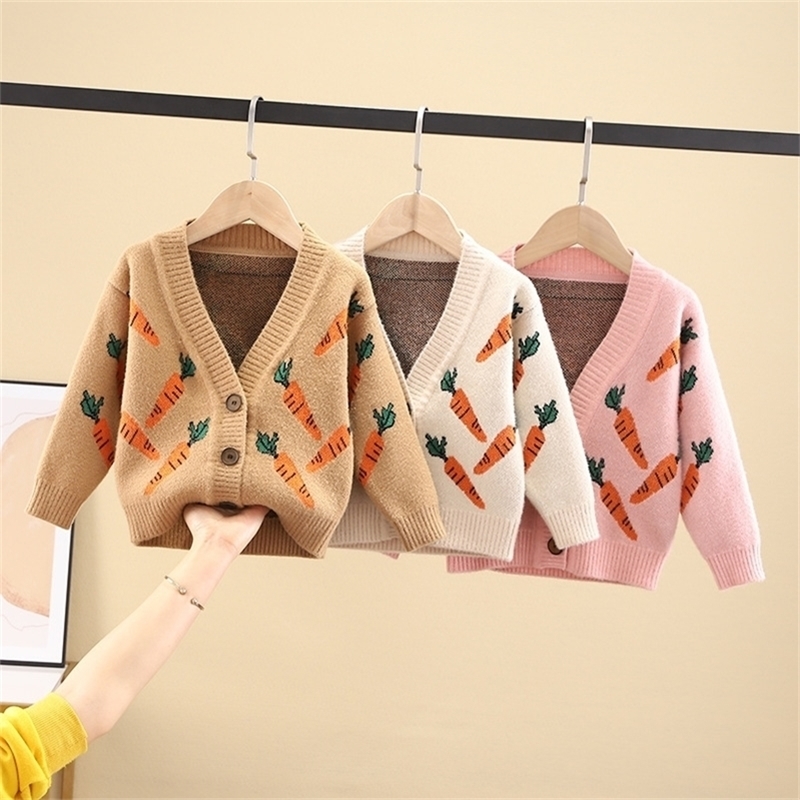 

Girls Sweaters Fashion Korean Carrot Print Knit Cardigan Toddler Baby Clothing Spring Autumn Casual Kids Cardigan Sweater 201109, Red
