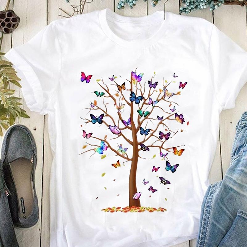 

Summer Women Butterfly Tree Print Harajuku T-shirt 2020 Fashion Leisure Streetwear Female Clothing Tshirt Shein Official Store, White