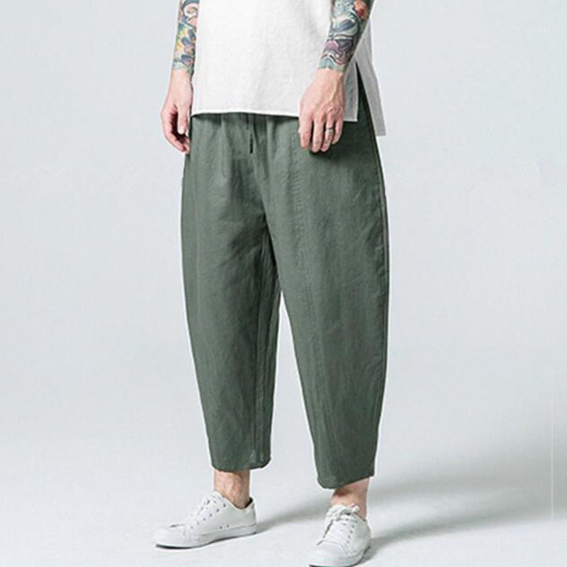 

Plus Size -6XL Fashion Comfort Men Nine Points Pants Cotton linen New Casual Bundling Wide Waist Belt Pure Color Lantern Pants1, Black