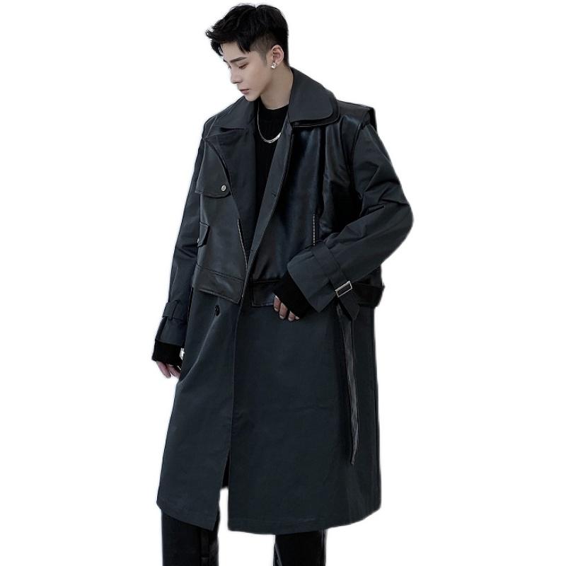 

Male Japan Korea Loose Casual Jacket Waistcoat Outerwear Men 2PCS Sets Long Coat + Leather Vest Streetwear Hip Hop Trench Coat, 3803