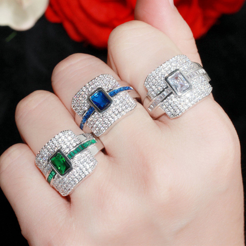 

Size 6-9 Luxury Designer Jewelry Rings AAA Cubic Zirconia Copper Gold Silver Full CZ Diamond White Blue Green Gemstones For Women Party Wedding Diamond Ring Gift
