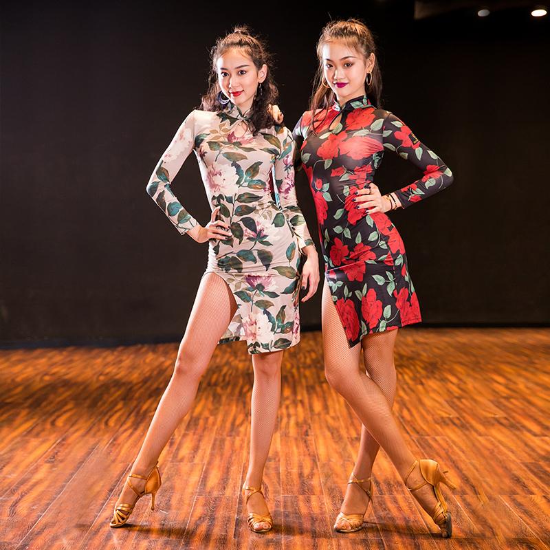

Sexy Latin Dance Dress Women Tango Salsa Cha Cha Samba Rumba Ballroom Practice Wear Performance Outfit Printing Cheongsam DF1783, Red