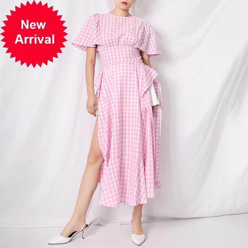 

Summer 2021 Fashion Elegant Neck Cut From Checking the Blue Manta Angry Plissate Pink Midi Dressed in Holiday Costumes Grife Clothes I7AI