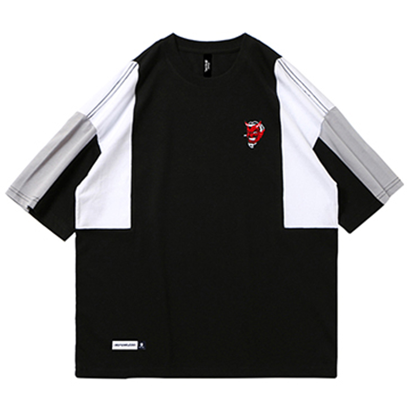 

2020 T-Shirt Color Block Men Hip Hop Streetwear T Shirt Devil Head Embroidery Summer Patchwork T Shirts, White
